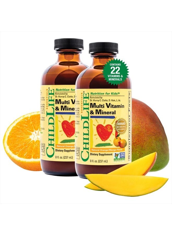 CHILDLIFE ESSENTIALS , Kids Liquid Multivitamin and Mineral Supplement - Liquid Vitamins for Kids, All-Natural, Gluten-Free, Non-GMO - Natural Orange & Mango Flavor, 8 Fl Oz Bottle (Pack of 2) - Image 1
