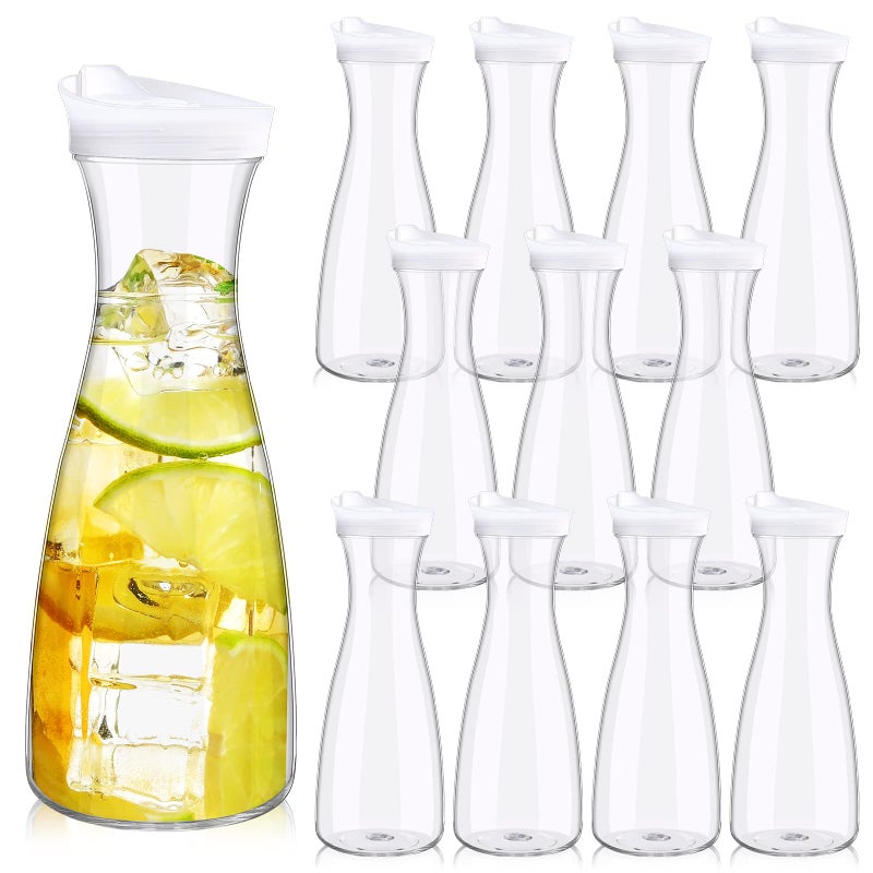 Xinnun 12 Packs Plastic Carafe with Lids 34 oz Clear Mimosa Juice Containers Acrylic Beverage Carafe Pitcher Drink Containers for Fridge Outdoor Iced Tea Powdered Juice Milk Coffee Party Mimosa Bar 