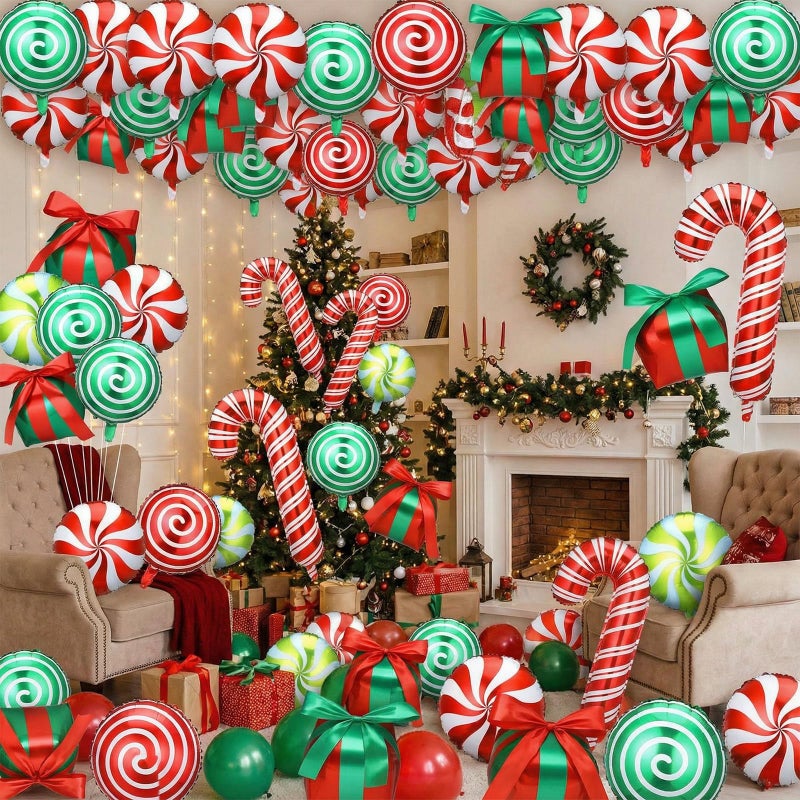 Arrowbash 72 Pcs Christmas Balloons Decorations Set Candy Cane Gift Box Foil Balloons Set Red and Green Lollipop Decorations for Christmas Xmas Theme Birthday Holiday Party - Image 3