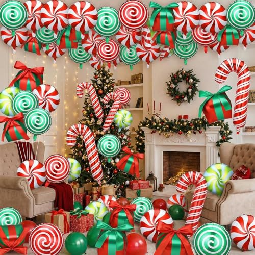 Arrowbash 72 Pcs Christmas Balloons Decorations Set Candy Cane Gift Box Foil Balloons Set Red and Green Lollipop Decorations for Christmas Xmas Theme Birthday Holiday Party - Image 1