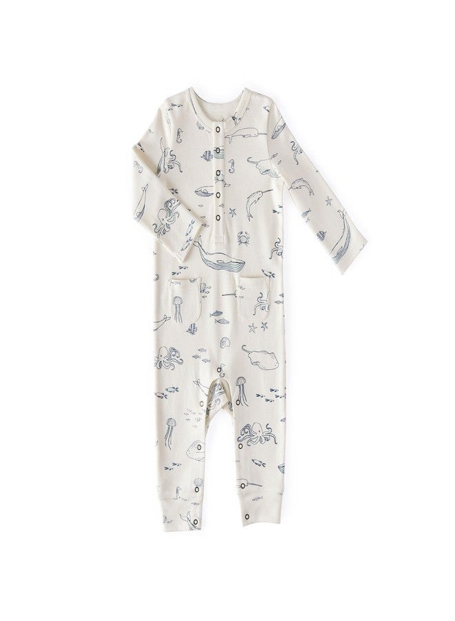 PEHR Long Sleeve Henley Patch Pocket Romper, Life Aquatic | Organic Cotton Baby Outfit | Ocean-Inspired Unisex Print | Sizes 0-3 Months - Image 1