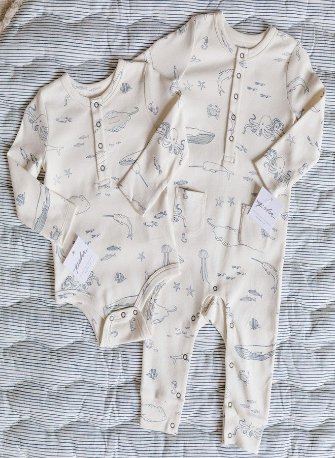 PEHR Long Sleeve Henley Patch Pocket Romper, Life Aquatic | Organic Cotton Baby Outfit | Ocean-Inspired Unisex Print | Sizes 0-3 Months - Image 5