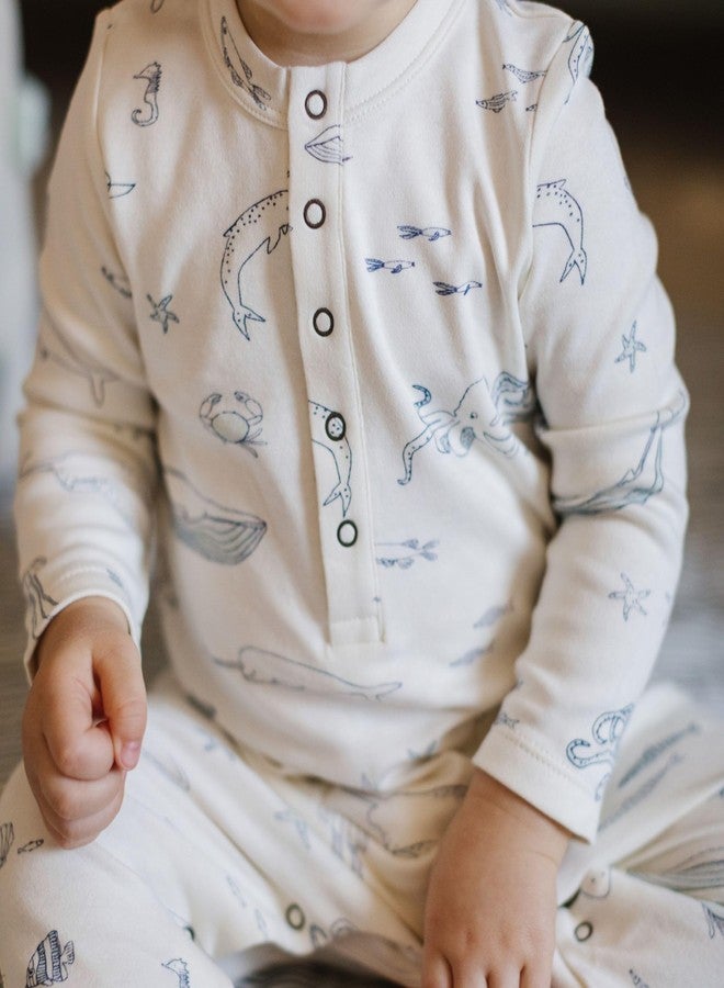 PEHR Long Sleeve Henley Patch Pocket Romper, Life Aquatic | Organic Cotton Baby Outfit | Ocean-Inspired Unisex Print | Sizes 0-3 Months - Image 2