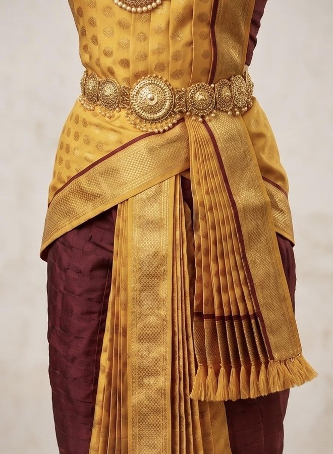 NATYAM Kuchipudi Dance Costume | Imitation Pattu Silk Classical Dress for Girls & Women | Stage Performance Wear (Golden Yellow & Maroon with Gold Accents, 40) - Image 4
