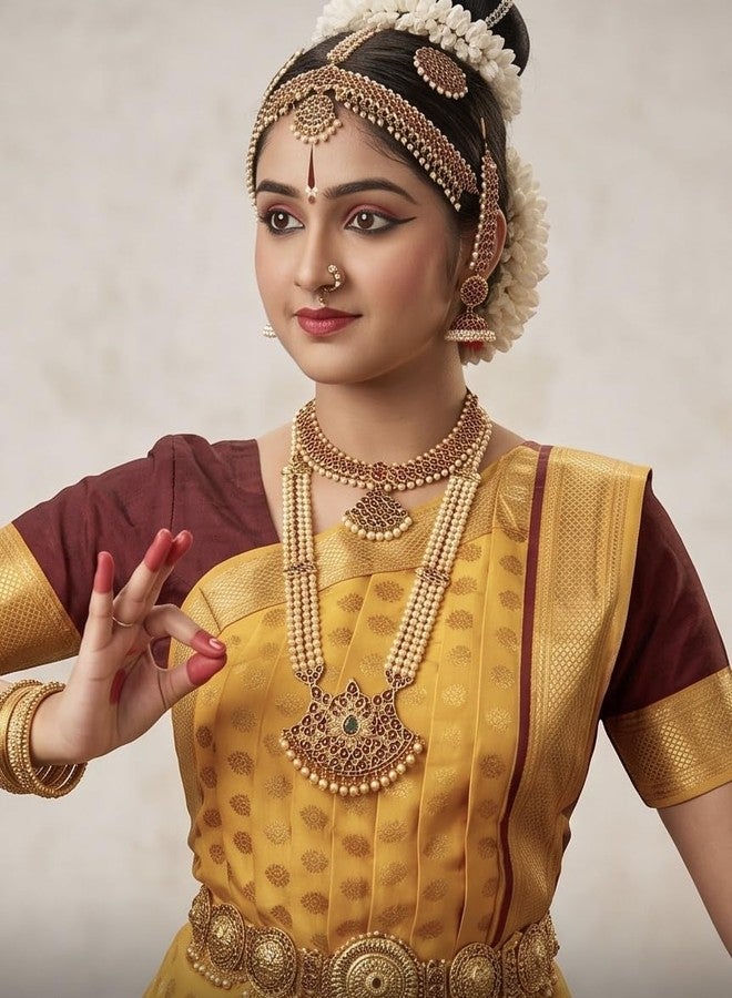 NATYAM Kuchipudi Dance Costume | Imitation Pattu Silk Classical Dress for Girls & Women | Stage Performance Wear (Golden Yellow & Maroon with Gold Accents, 40) - Image 5