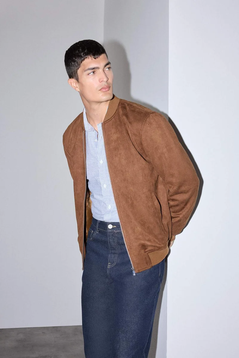 Slim Fit College Collar Zippered Suede Bomber Jacket