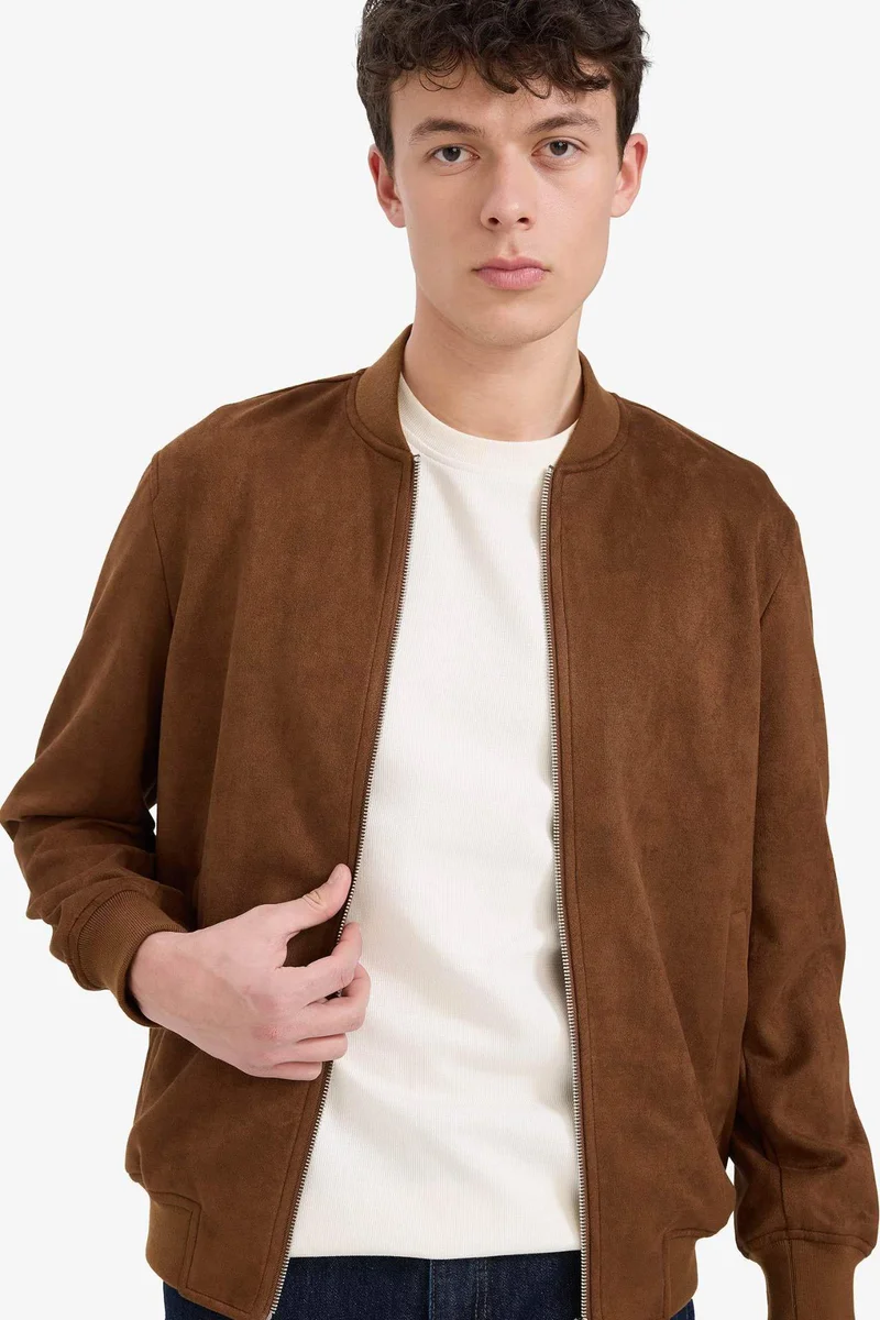 Defacto  Slim Fit College Collar Zippered Suede Bomber Jacket for Men | Best Price UAE