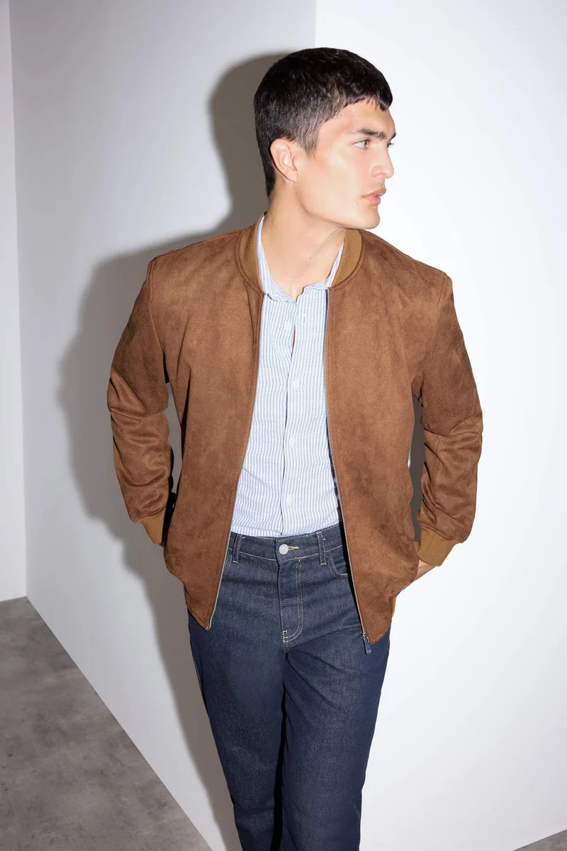 Defacto  Slim Fit College Collar Zippered Suede Bomber Jacket for Men | Best Price UAE