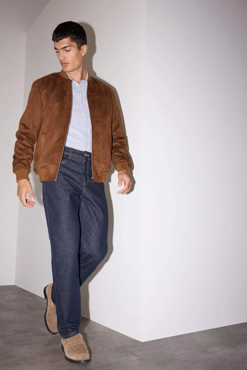 Defacto  Slim Fit College Collar Zippered Suede Bomber Jacket for Men | Best Price UAE