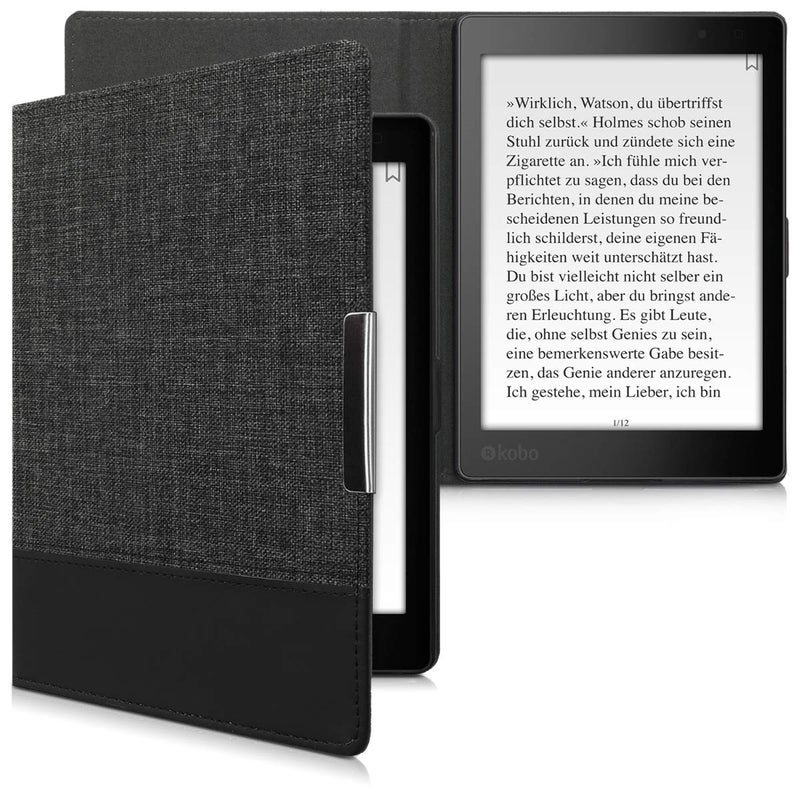 kwmobile Case Compatible with Kobo Aura ONE - PU Leather and Canvas e-Reader Cover - Anthracite/Black - Image 1