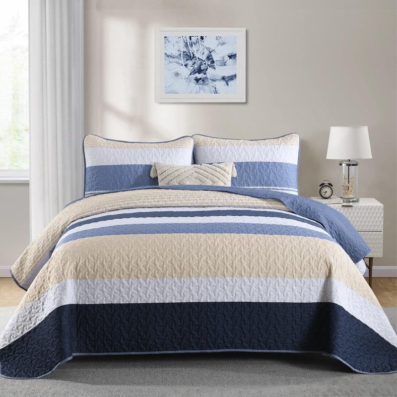 Dinjoy Blue Boho Set Set Queen size spring bedspread sperpread lightweight Farmhouse Bedding مجموعات 3 قطع coverlet patchwork micofiber مع اثنين من وسادة للرجال سرير الصيف - Image 1