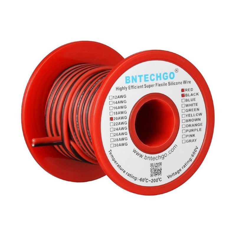 BNTECHGO 20 Gauge Flexible 2 Conductor Parallel Silicone Wire Spool Red Black High Resistant 200 deg C 600V for Single Color LED Strip Extension Cable CordModel25ft Stranded Tinned Copper Wire