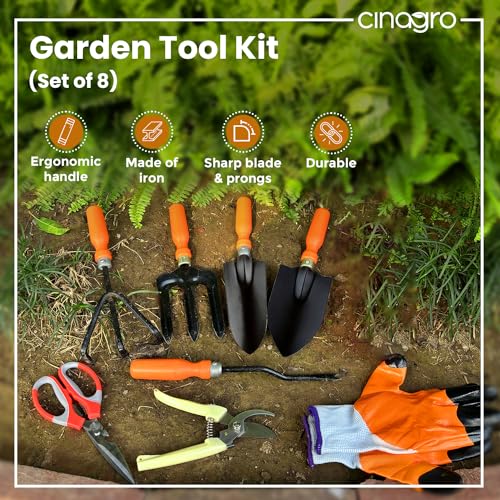 Cinagro Garden Tools Kit (Set of 8) Weeder, 2 Trowels, Hand Fork, Cultivator, Scissors, Pruner, Gardening Hand Gloves | Gardening Tools Kit for Home Garden, Garden Accessories Home Gardening - Image 2