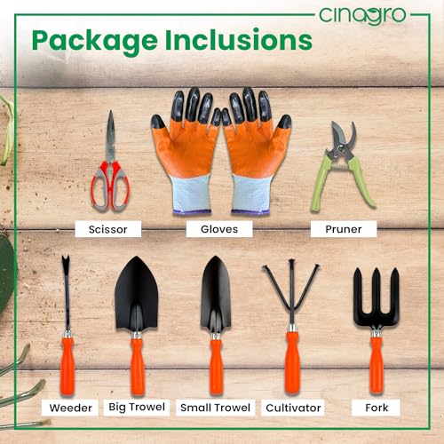 Cinagro Garden Tools Kit (Set of 8) Weeder, 2 Trowels, Hand Fork, Cultivator, Scissors, Pruner, Gardening Hand Gloves | Gardening Tools Kit for Home Garden, Garden Accessories Home Gardening - Image 3