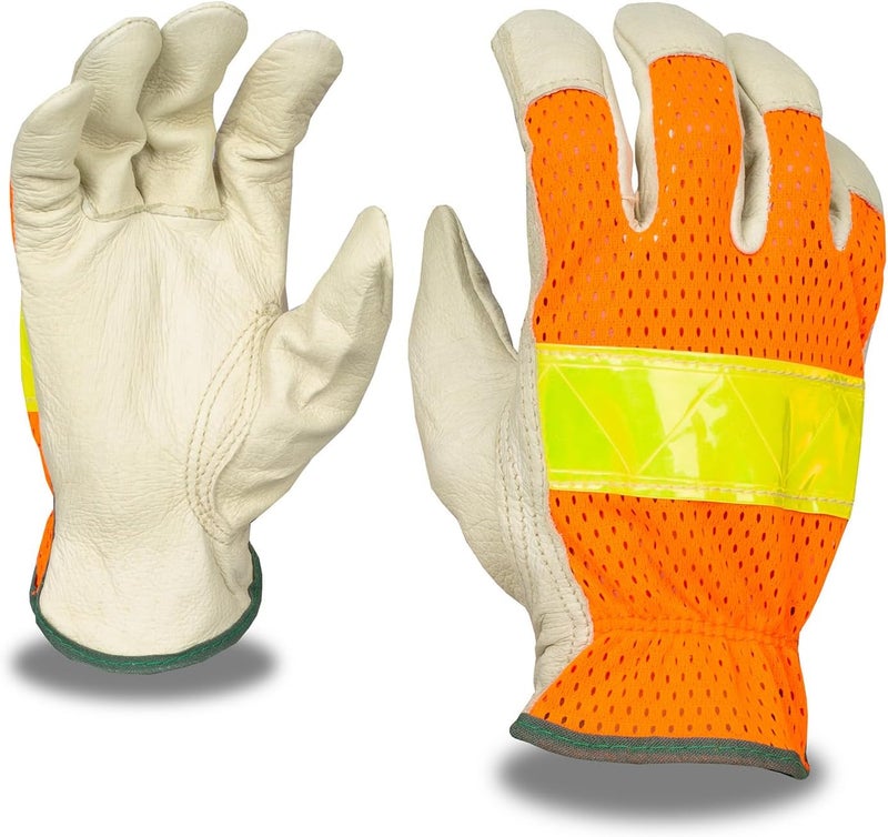 Cordova F8805L Grain Pigskin Driver Gloves HiVis Orange Mesh Back Lime Reflective Tape Keystone Thumb Large 12Pack - Image 1