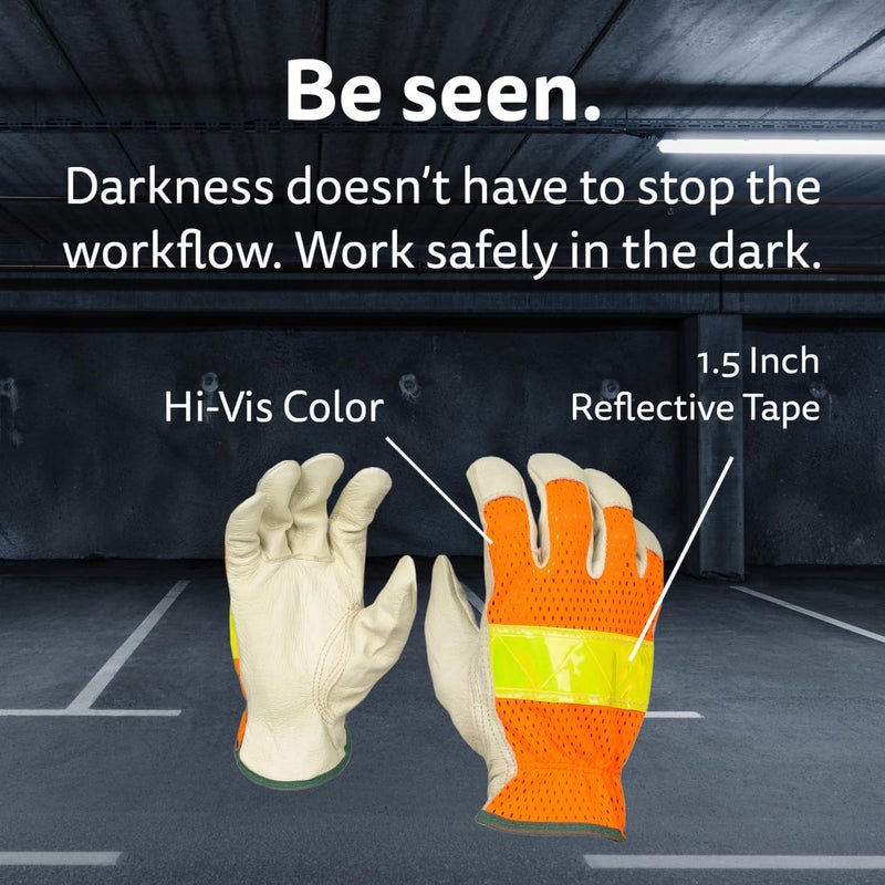 Cordova F8805L Grain Pigskin Driver Gloves HiVis Orange Mesh Back Lime Reflective Tape Keystone Thumb Large 12Pack - Image 4