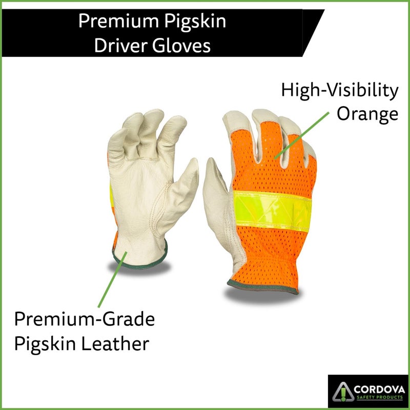 Cordova F8805L Grain Pigskin Driver Gloves HiVis Orange Mesh Back Lime Reflective Tape Keystone Thumb Large 12Pack - Image 2