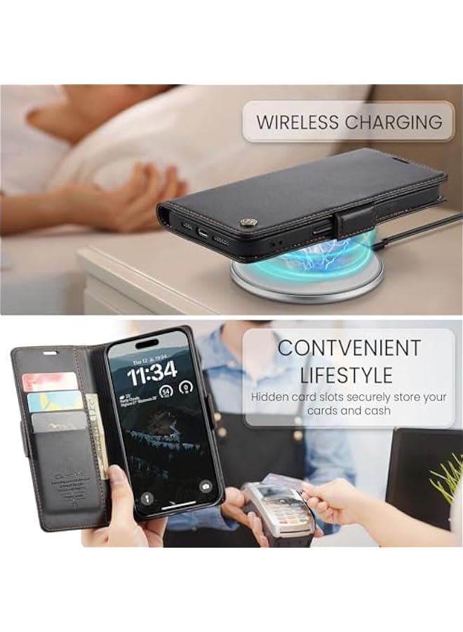 Black PU Leather iPhone 16 Plus Wallet Case with RFID Blocking Credit Card Holder, Folio Flip Magnetic Clasp Phone Cover for Men Women, Kickstand and Protective 6.7 Inch Folio. - Image 2