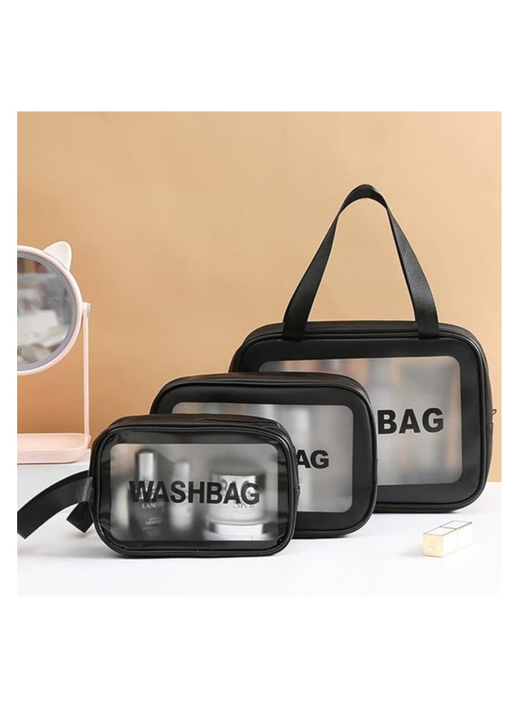 Toiletry Bags - Waterproof Cosmetic Laundry Bag Zipper Makeup For Women And Girls 3 Pieces Travel & Holiday Accessories PVC plastic and eco-friendly polyurethane leather Transparent  (Black ) - Image 2