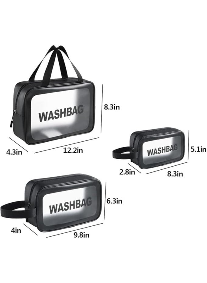 Toiletry Bags - Waterproof Cosmetic Laundry Bag Zipper Makeup For Women And Girls 3 Pieces Travel & Holiday Accessories PVC plastic and eco-friendly polyurethane leather Transparent  (Black ) - Image 3