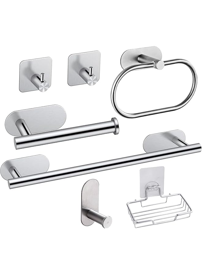 promass 7 Pieces Bathroom Hardware Set Self-Sticking, Towel Bar Set Wall Mounted, 304 Stainless Steel Brushed Towel Bar Paper Holder Accessories Set Without Nails, Towel Racks for Bathroom - Image 1