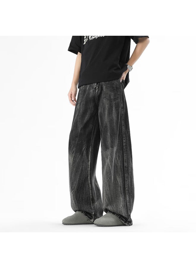 Homlean Dye-washed Jeans For Men, Autumn High Street Straight-leg Wide-leg Pants, Fashionable Casual Trousers H11 Faded Gray M - Image 5