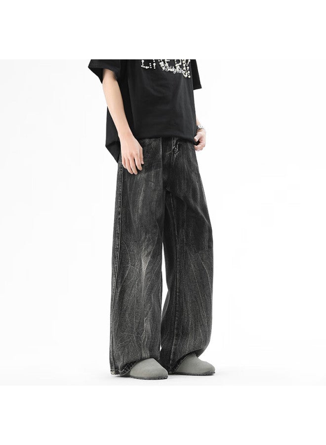 Homlean Dye-washed Jeans For Men, Autumn High Street Straight-leg Wide-leg Pants, Fashionable Casual Trousers H11 Faded Gray M - Image 3