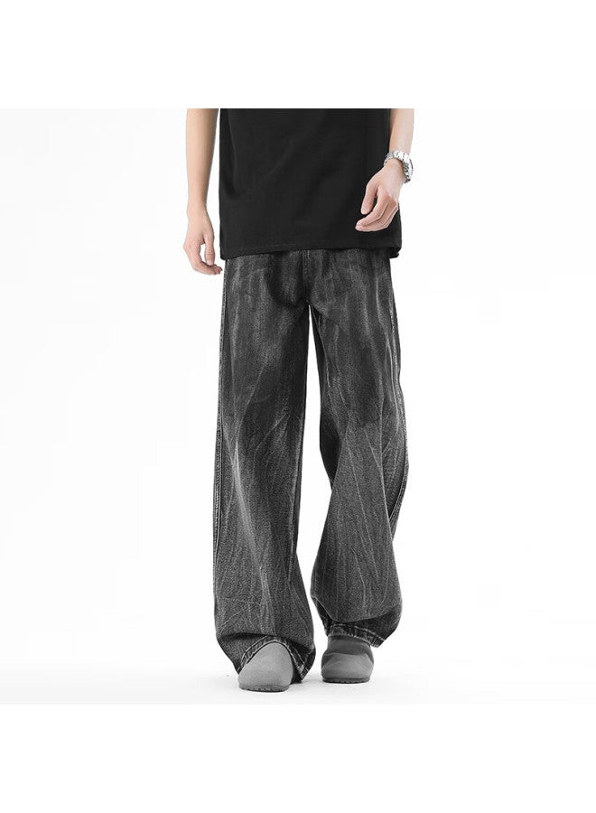 Homlean Dye-washed Jeans For Men, Autumn High Street Straight-leg Wide-leg Pants, Fashionable Casual Trousers H11 Faded Gray M - Image 2