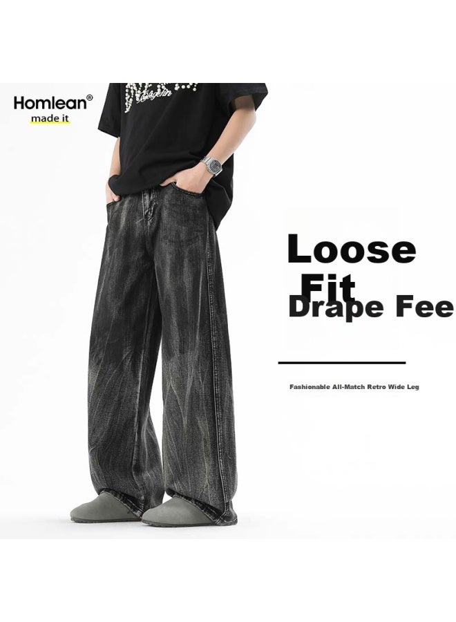 Homlean Dye-washed Jeans For Men, Autumn High Street Straight-leg Wide-leg Pants, Fashionable Casual Trousers H11 Faded Gray M - Image 1