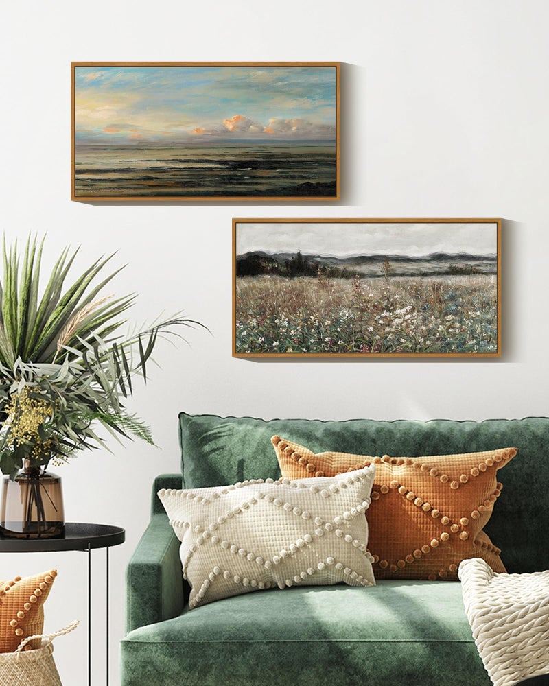 KUVIOKE Vintage Landscape Framed Wall Art Meadow Sea of Flower Wall Prints Classic Retro Farmhouse Rustic Decorations for Living Room Bedroom 8x16in (Natural Framed) - Image 4