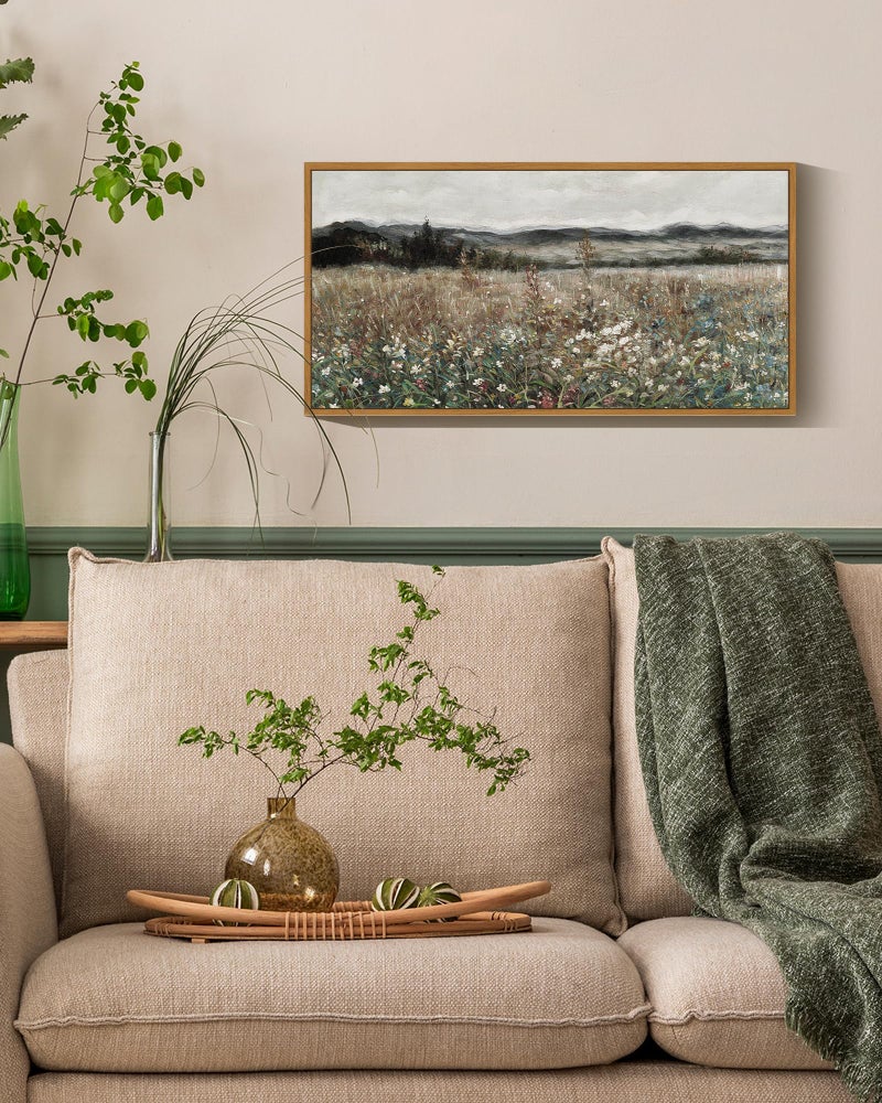 KUVIOKE Vintage Landscape Framed Wall Art Meadow Sea of Flower Wall Prints Classic Retro Farmhouse Rustic Decorations for Living Room Bedroom 8x16in (Natural Framed) - Image 3