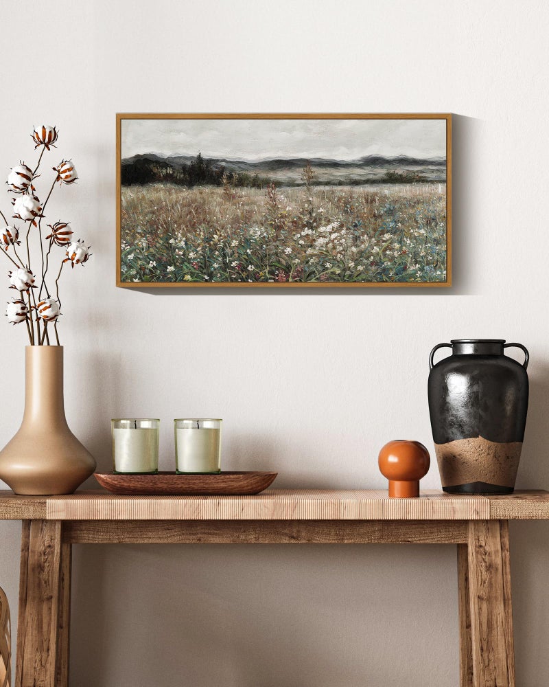 KUVIOKE Vintage Landscape Framed Wall Art Meadow Sea of Flower Wall Prints Classic Retro Farmhouse Rustic Decorations for Living Room Bedroom 8x16in (Natural Framed) - Image 2