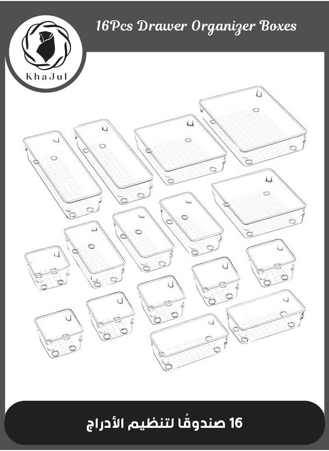 KHAJUL 16 PCS Drawer Organizer Tray Set, 5 Size Desk Drawer Organizer Trays Storage Tray for Makeup, Jewelries, Utensils in Bedroom Dresser, Office and Kitchen (Clear)  - Image 1
