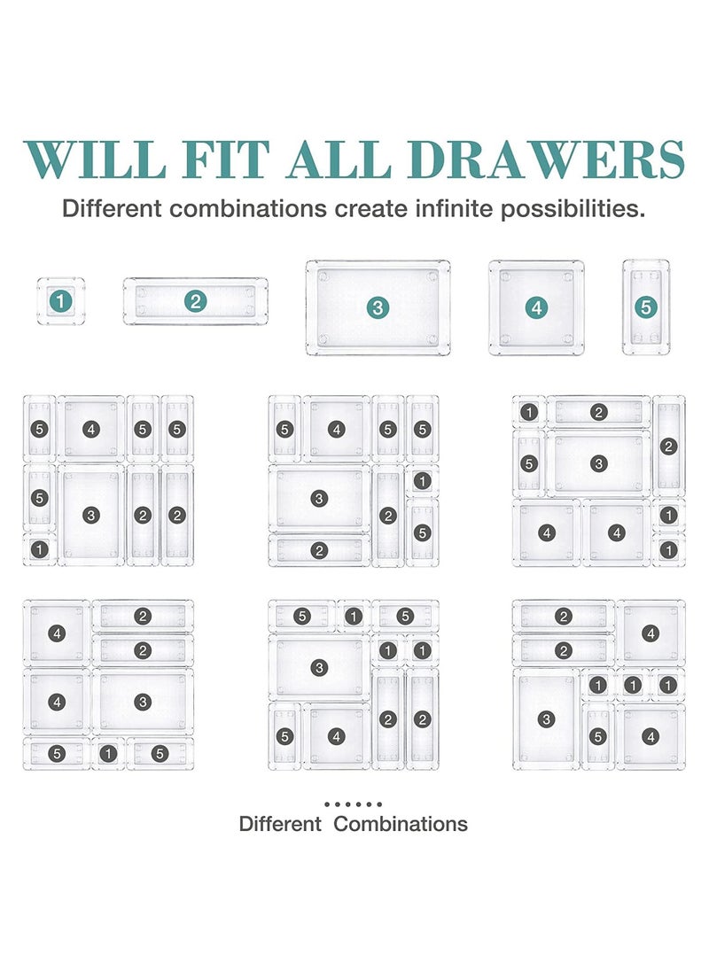 KHAJUL 16 PCS Drawer Organizer Tray Set, 5 Size Desk Drawer Organizer Trays Storage Tray for Makeup, Jewelries, Utensils in Bedroom Dresser, Office and Kitchen (Clear)  - Image 3