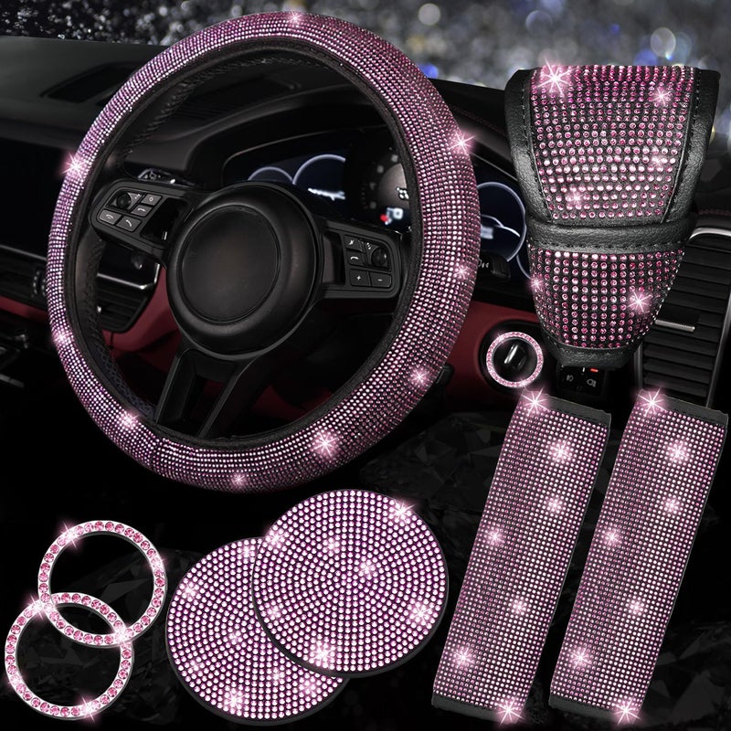 NBTEPEM 8 pcs Pink Bling Car Accessories Set for Women Steering Wheel Cover Sparkly Seat Belt Covers Bling Gear Shift Cover Universal Fit Most Cars Pink Diamond