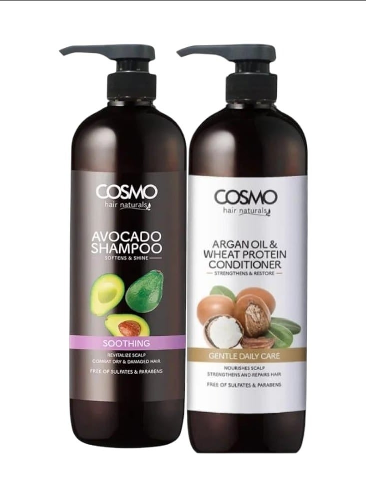 كوزمو سي دي كوزمو ديزاينز مجموعة شامبو وبلسم بزيت الارجان وبروتين القمح سعة 480مل، للرجال والنساء، خالية من الكبريتات والبارابين، عبوة 2 في 1 للعناية بالشعر، مجموعة للاستخدام اليومي من جنتل كير - Image 1