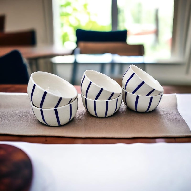 MALAIKAH Ceramic Blue Lining Printed Snack Bowls for Serving Pasta, Noodle, Maggi, Salad Bowl, Mixing Bowl for Snacks, Ideal for Dinnig Table, Set of 6 (200ml) - Image 1