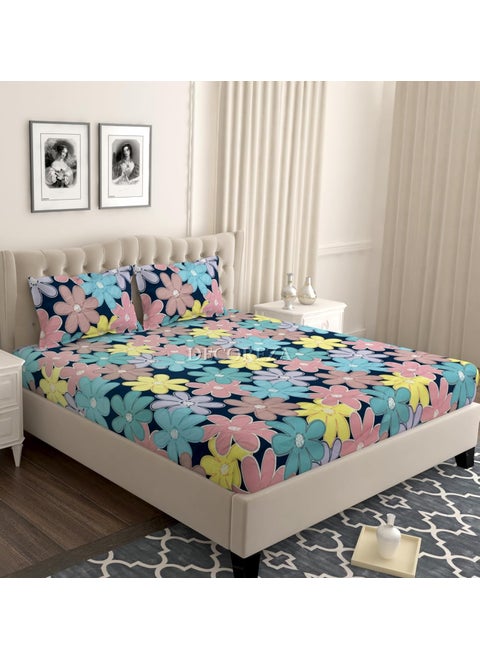 DECOREZA 280 TC Cotton Around Elastic Premium Fitted Bedsheets Elastic Fitted Bedsheets Double Size Bedsheet for Double Bed Elastic Fitted with 2 Pillow Covers Size 72 x 72 x 8 Multi Bloomy