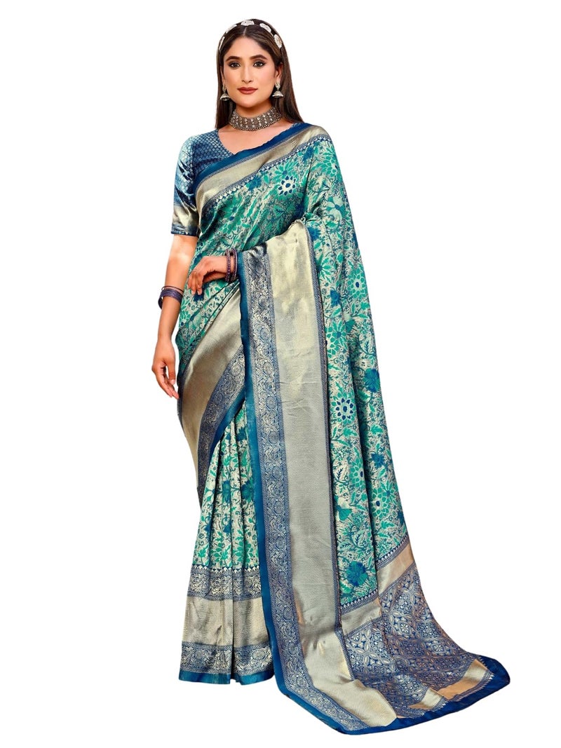 Leriya Fashion Women's Pure Jacquard Banarasi Kanjivarm Cotton Silk Saree with Blouse Piece | (Green) - Image 1