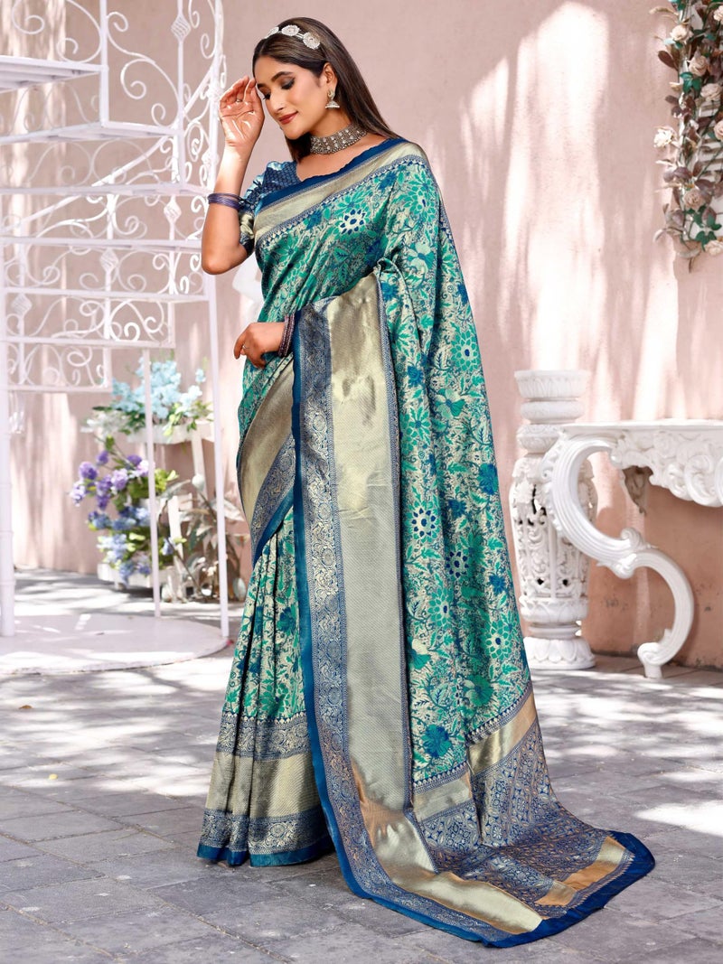 Leriya Fashion Women's Pure Jacquard Banarasi Kanjivarm Cotton Silk Saree with Blouse Piece | (Green) - Image 4