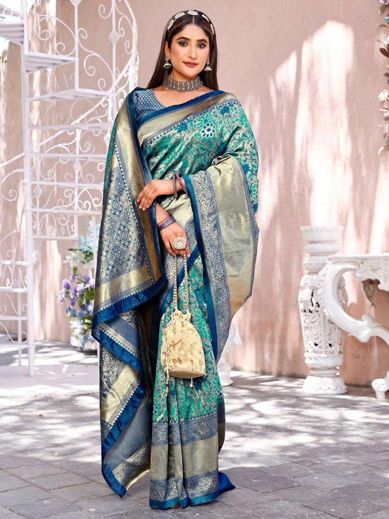Leriya Fashion Women's Pure Jacquard Banarasi Kanjivarm Cotton Silk Saree with Blouse Piece | (Green) - Image 3