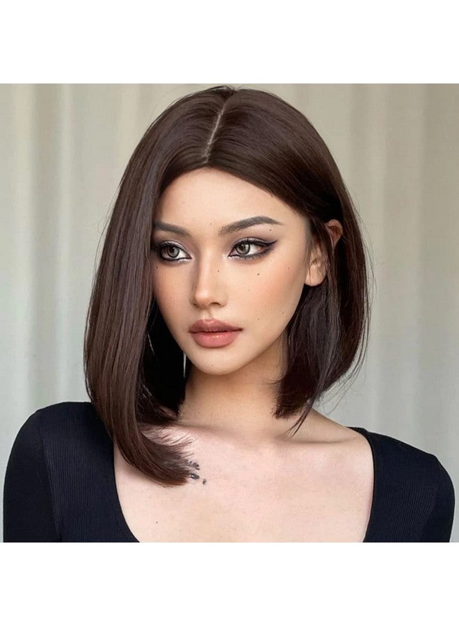 MIMAN 14 Inch Shoulder Length Dark Brown Straight Bob Wigs Synthetic Medium Length Bob Hair Wig Halloween Costume Wigs For Women - Image 1