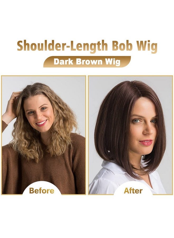 MIMAN 14 Inch Shoulder Length Dark Brown Straight Bob Wigs Synthetic Medium Length Bob Hair Wig Halloween Costume Wigs For Women - Image 3