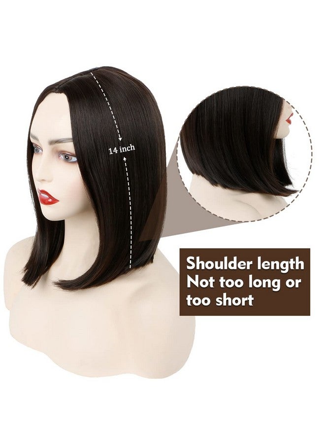MIMAN 14 Inch Shoulder Length Dark Brown Straight Bob Wigs Synthetic Medium Length Bob Hair Wig Halloween Costume Wigs For Women - Image 4