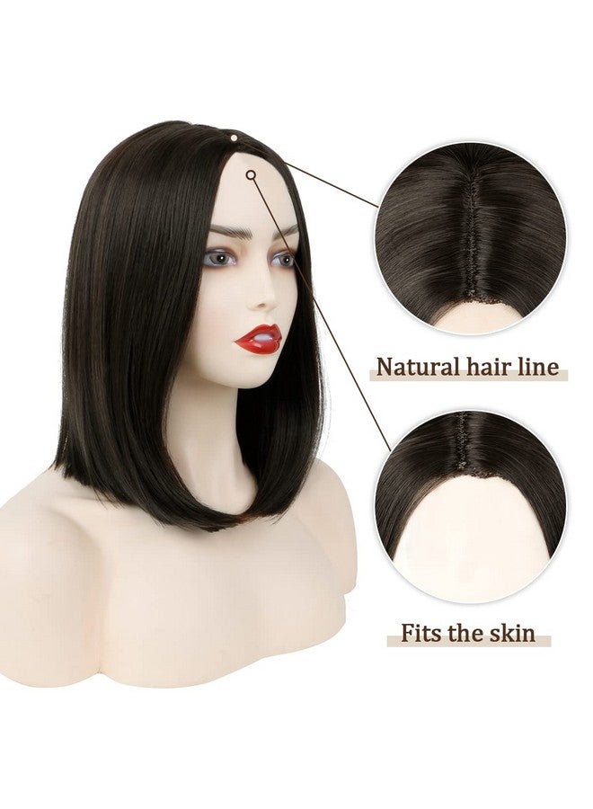 MIMAN 14 Inch Shoulder Length Dark Brown Straight Bob Wigs Synthetic Medium Length Bob Hair Wig Halloween Costume Wigs For Women - Image 5