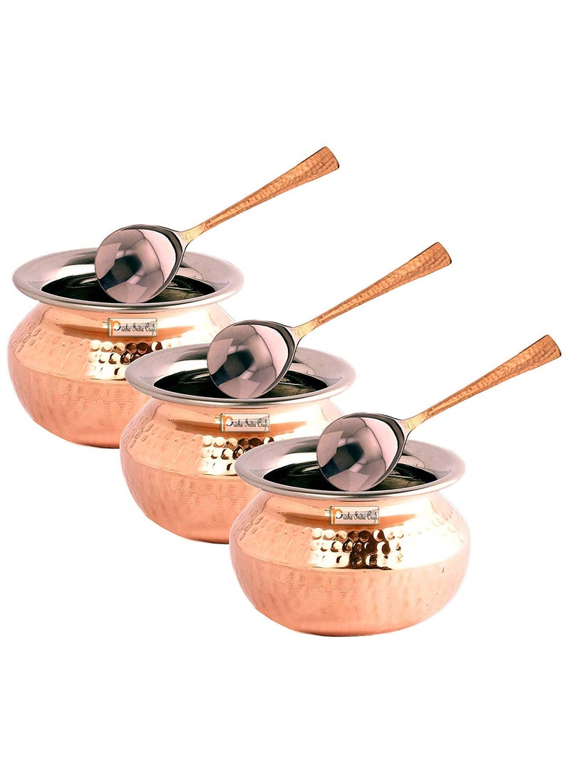 Prisha India Craft Prisha India Craft Steel Copper Punjabi Serving Biryani Handi with 3 Serving Spoon Set Serveware 850 ML Set of 3  - Image 1