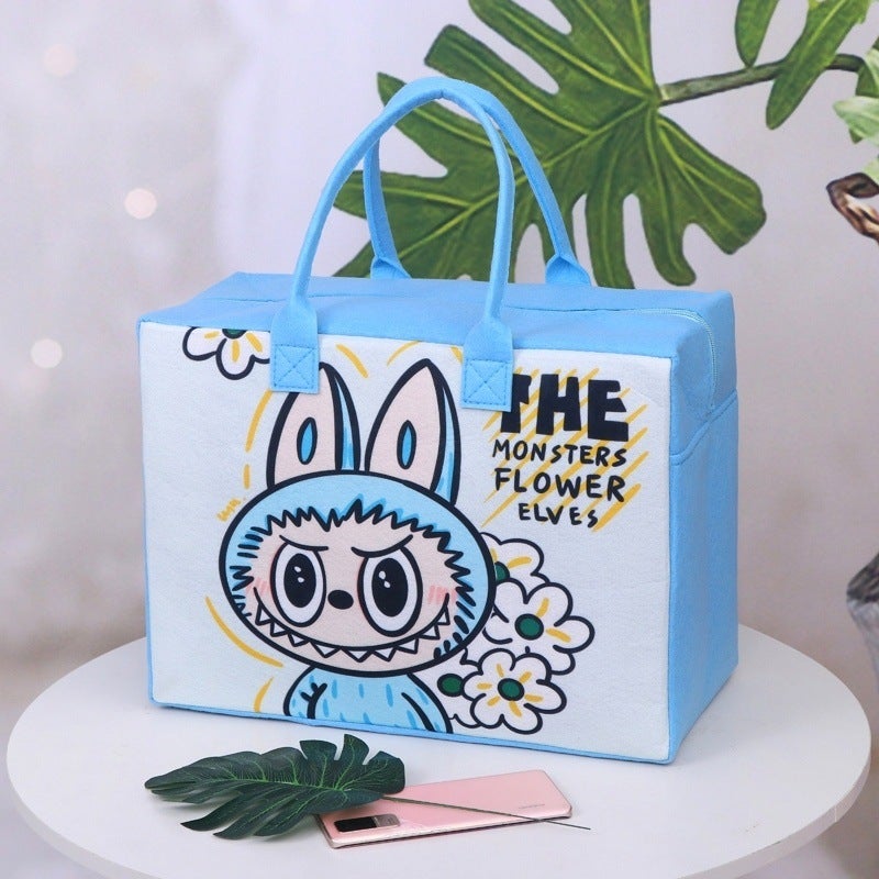Felt Storage Cartoon Travel Bag Large Capacity Essential Storage Bag for Going Out Luggage Bag Trolley Case Can Be Used as a Suitcase Sky blue labubu