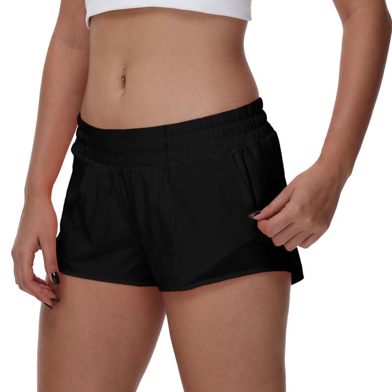 MCEDAR Women's Running Shorts Low Waisted 2.5"ï¼ŒLightweight Active Workout Quick Dry Gym Athletic Sports Shorts Zip Pocket Black,4/XS - Image 3