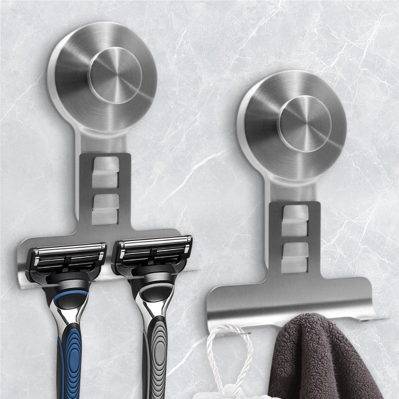 WingWider Suction Cup Razor Holder for Shower Wall 2 PackHeavyDuty 15lbs Suction Hooks for RazorTowelPhoneLoofah Removable DamageFree Metal Shower HookShaver HolderSilver - Image 2
