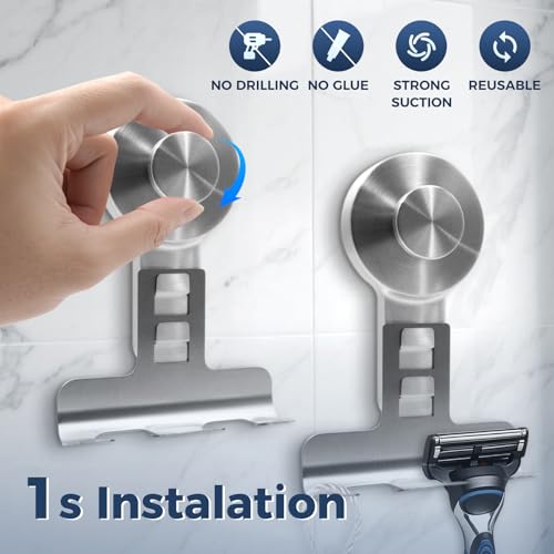 WingWider Suction Cup Razor Holder for Shower Wall 2 PackHeavyDuty 15lbs Suction Hooks for RazorTowelPhoneLoofah Removable DamageFree Metal Shower HookShaver HolderSilver - Image 3